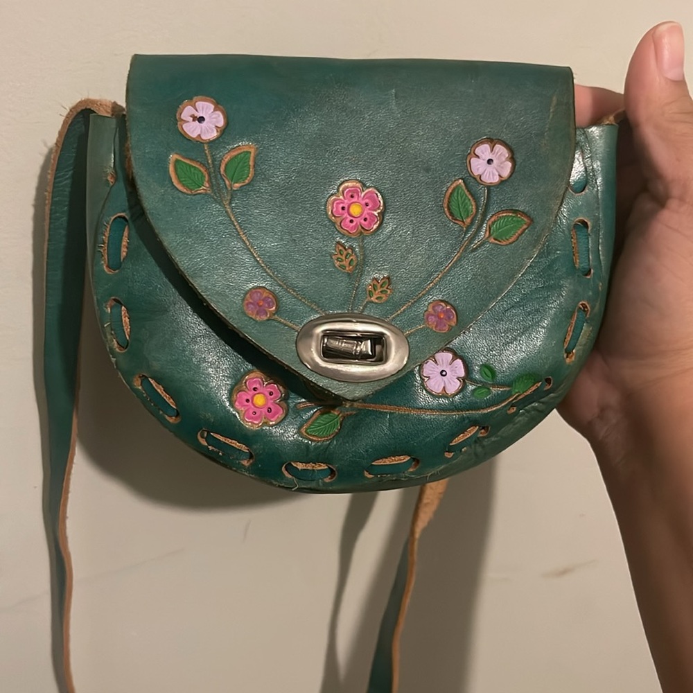 Floral Embroidered Green Leather Crossbody Bag